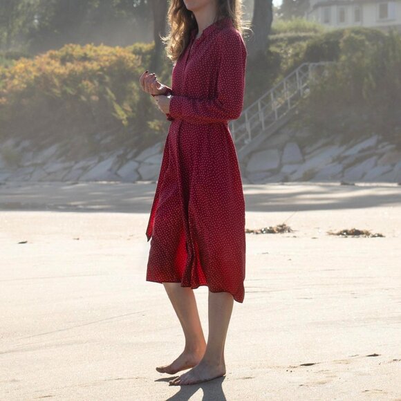 Uniqlo Dress Womens Sz XS Red and White Dots Midi Long Sleeve Button Front Shirt - Picture 9 of 9